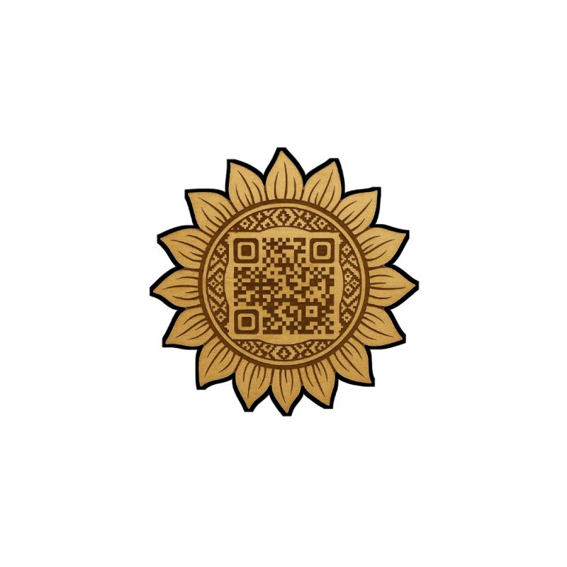 QR decorativo grabado en madera – Diseño girasol