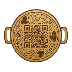 “Salvamanteles de madera con forma de paellera y código QR”