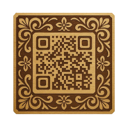 “Placa de madera con diseño cuadrado floral y código QR”