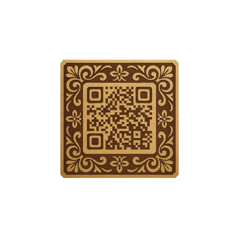 “Placa de madera con diseño cuadrado floral y código QR”